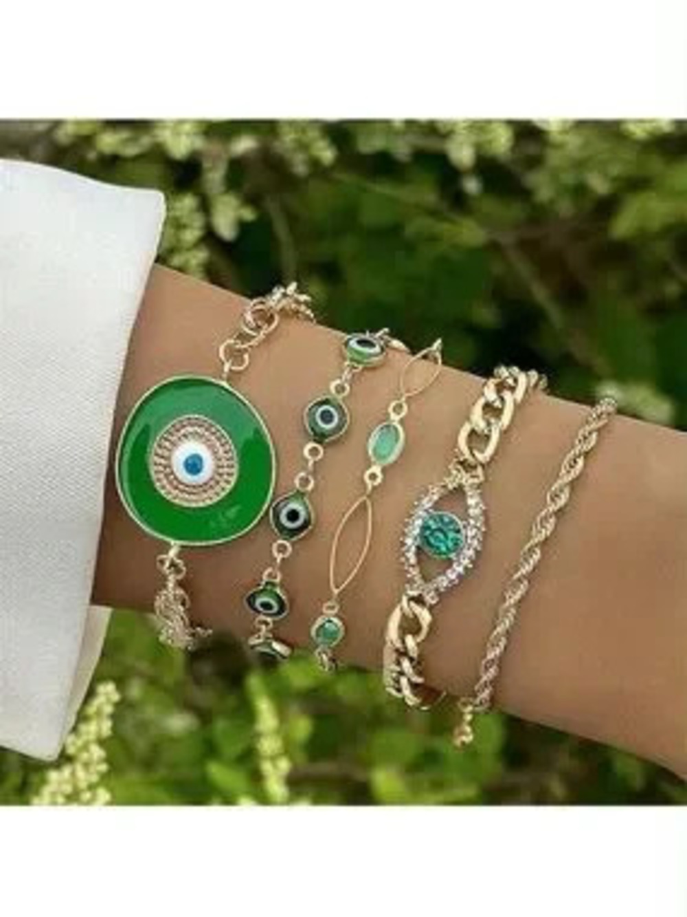 Anthropologie Gold-Tone Bracelet Set with Green Enamel and Green Stones